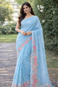 NET COTTA COLOUR FLORAL THREAD WORK SAREE