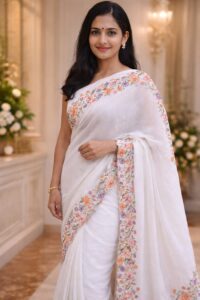 WHITE SILKY NET SAREE- PREMIUM LOOK