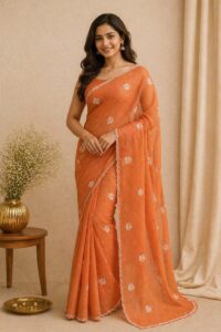 NET COTTA SAREE LEAF AND FLOWER PRINT