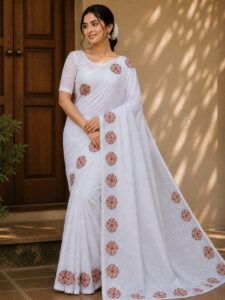 WHITE PHULKARI SAREE