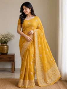 NET COTTA SAREE SUNFLOWER&LEAF EMBROYDERY SAREE