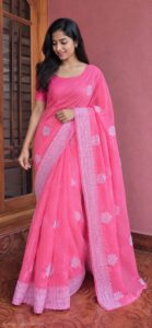 LINE & BUTTA WORK WITH FLOWER NET COTTA SAREE